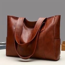 large pu leather tote bag for women durable zipper shoulder work bag