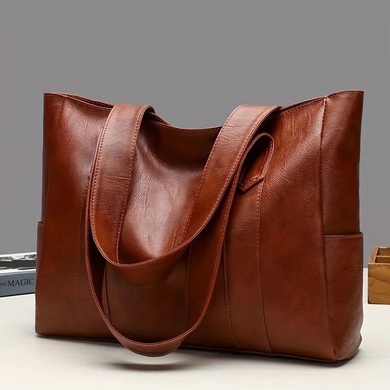 Large PU Leather Tote Bag For Women Durable Zipper Shoulder Work Bag 0