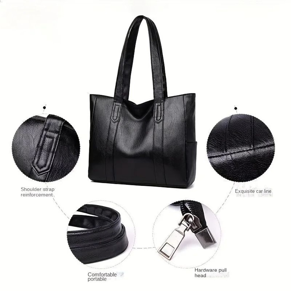 Large PU Leather Tote Bag For Women Durable Zipper Shoulder Work Bag 4