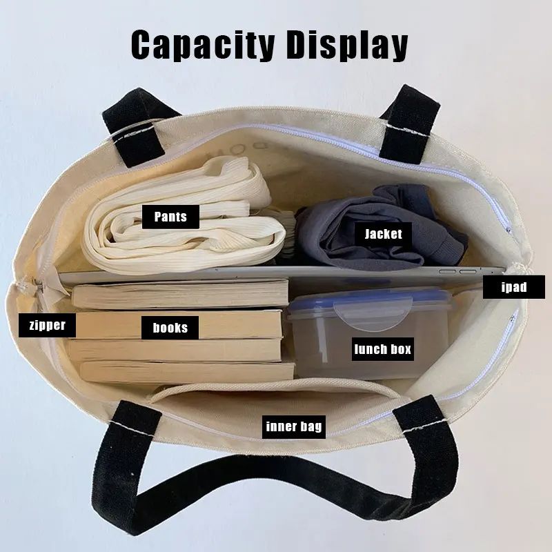 Foldable Canvas Tote Bag For Women Reusable Zipper Shopping Shoulder Bagb 2