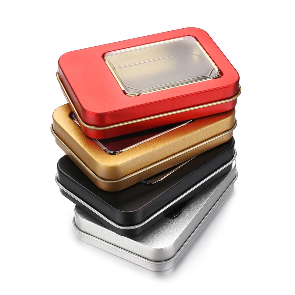 Rectangular Metal Jewelry Storage Tin Box With Clear Window Lid 0