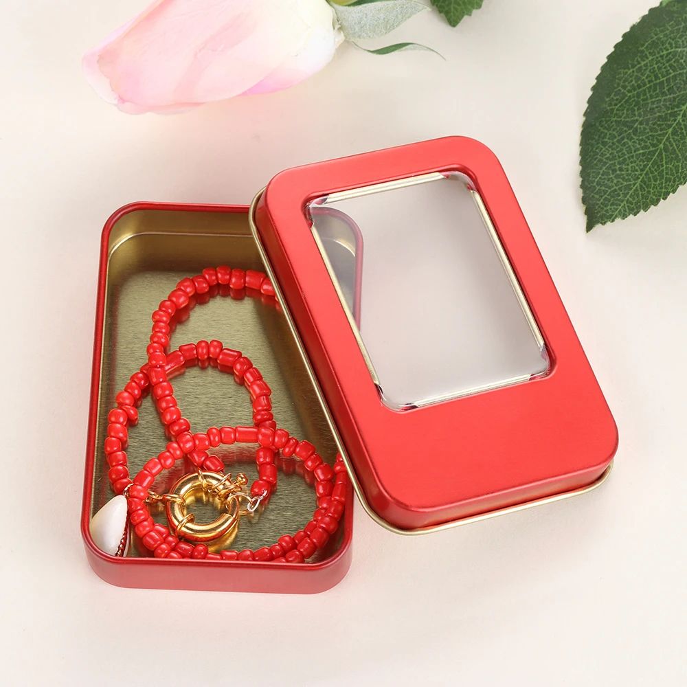 Rectangular Metal Jewelry Storage Tin Box With Clear Window Lid 4