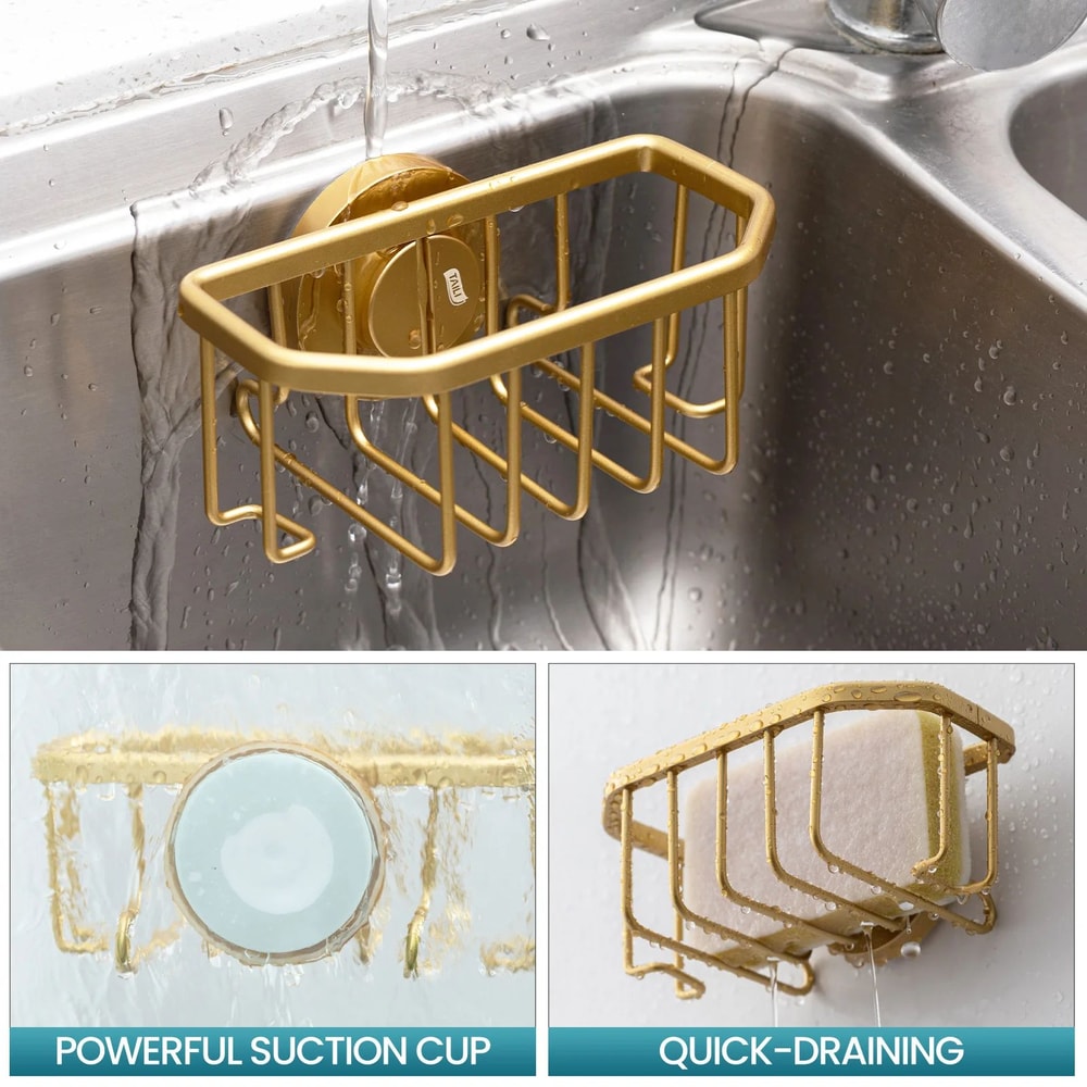 Gold Aluminum Sink Sponge Holder With Strong Suction For Clean Organized Kitchen 1