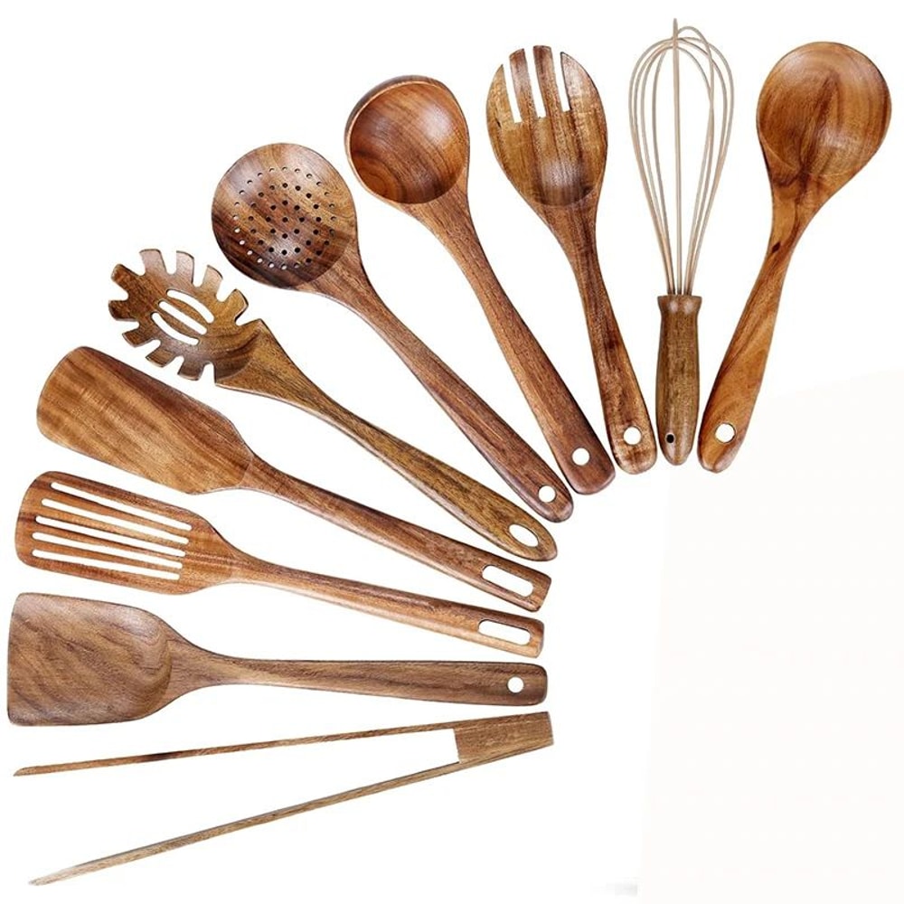 10 Piece Teak Wooden Cooking Utensil Set For Non Stick Kitchen Use 0