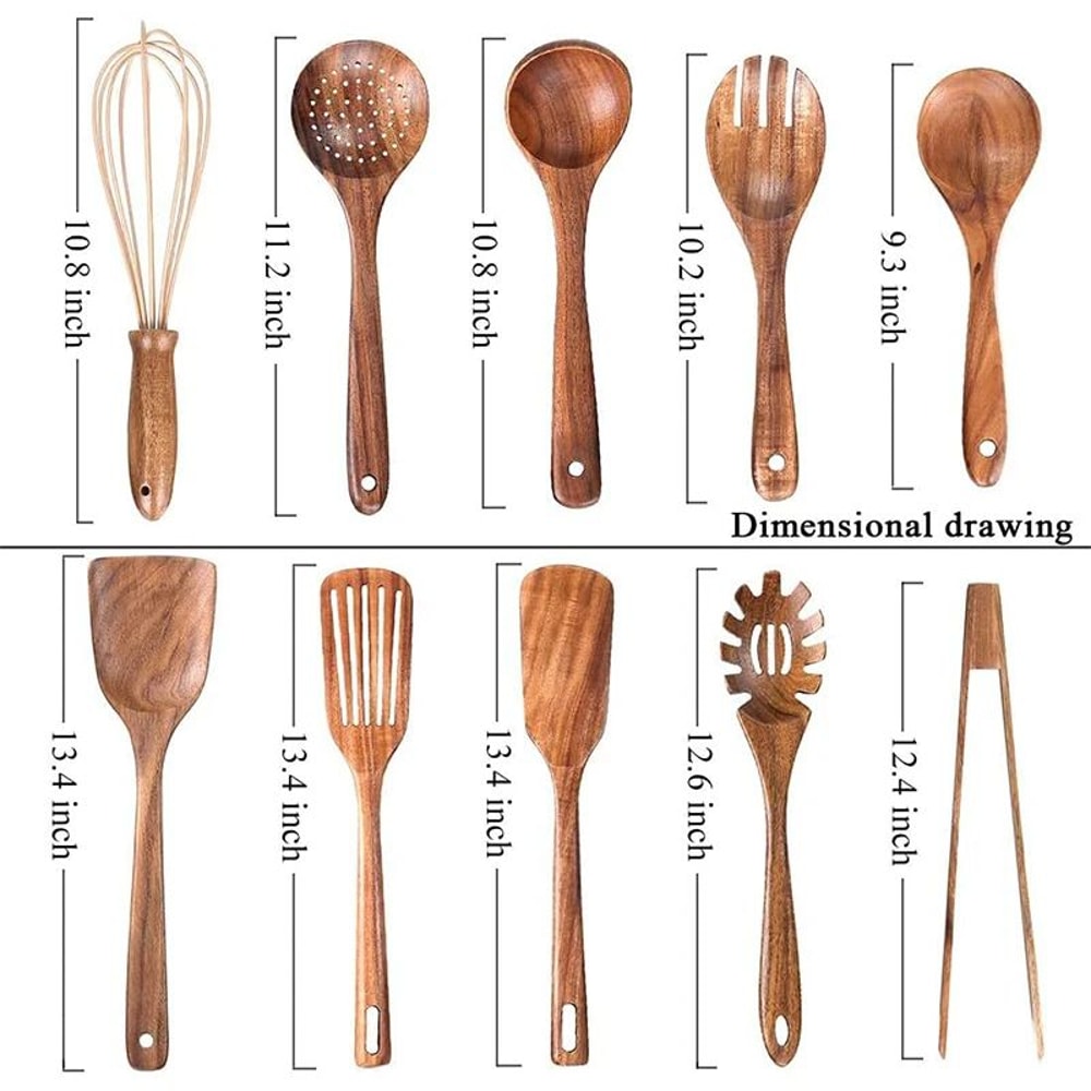10 Piece Teak Wooden Cooking Utensil Set For Non Stick Kitchen Use 1