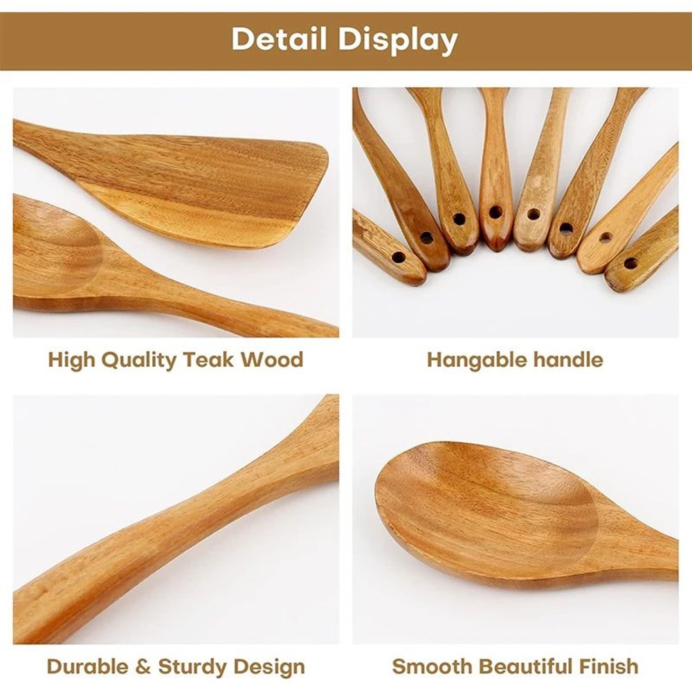 10 Piece Teak Wooden Cooking Utensil Set For Non Stick Kitchen Use 2