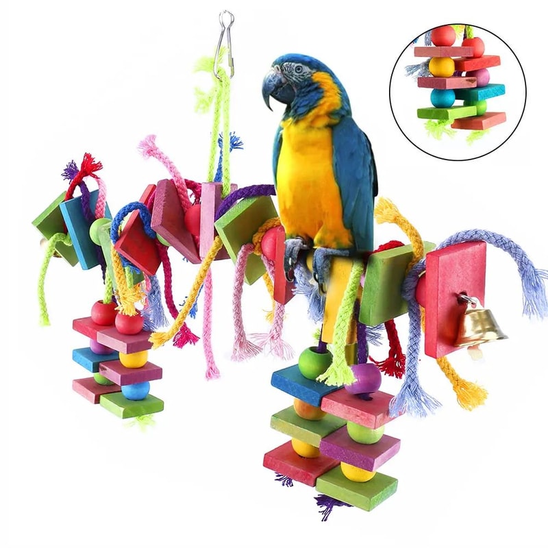 Parrot Chew Toy Wooden Rope Bird Swing Foraging Training Toy 2