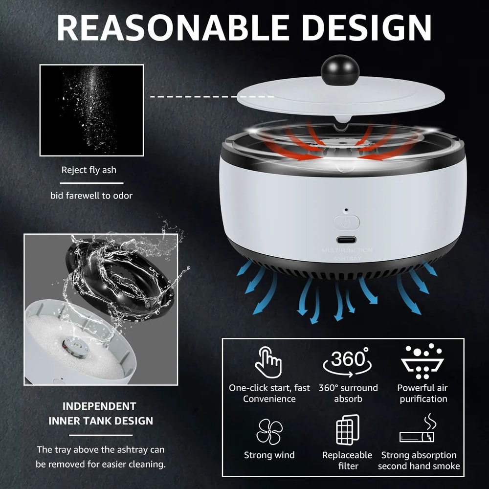 Smoke Purifying Ashtray With Air Filter Odor Control For Home And Office 4