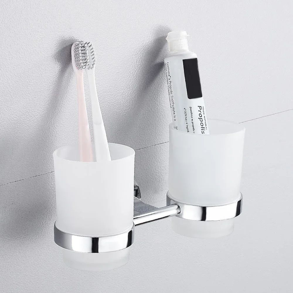 Wall Mounted Toothbrush Holder With Cups Double Tumbler Bathroom Organizer 3