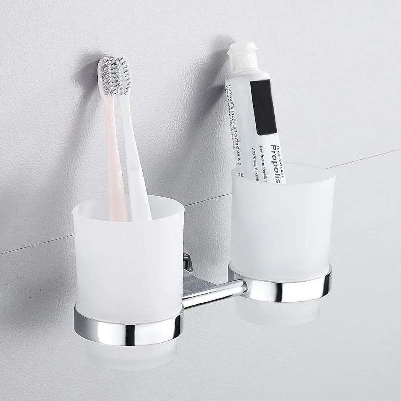 Wall Mounted Toothbrush Holder With Cups Double Tumbler Bathroom Organizer 3