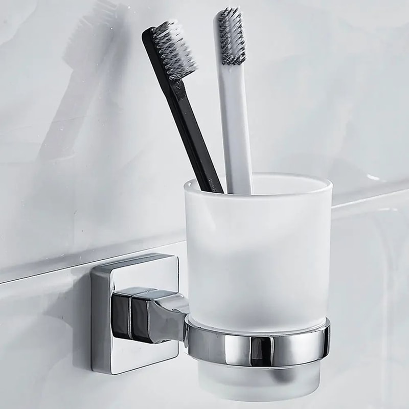 Wall Mounted Toothbrush Holder With Cups Double Tumbler Bathroom Organizer 4