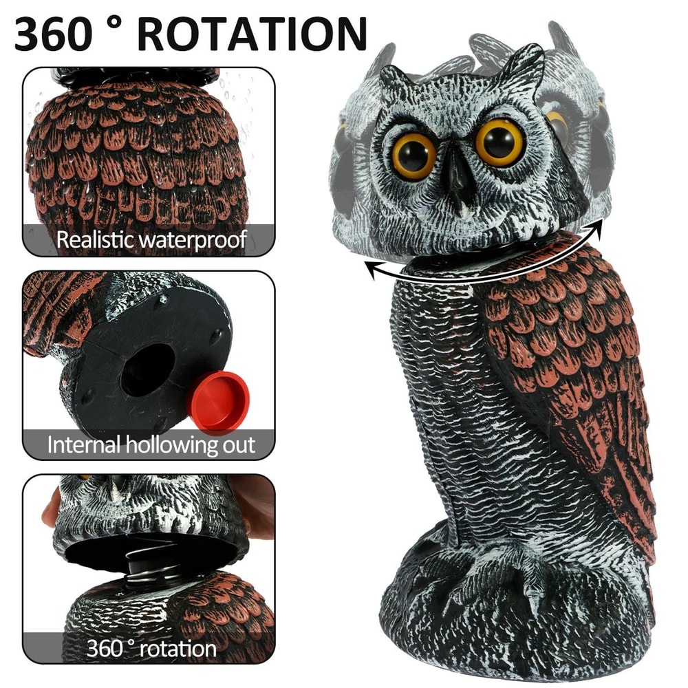 Realistic Owl Bird Repellent Decoy With 360 Degree Rotating Head Waterproof Garden Protector 4