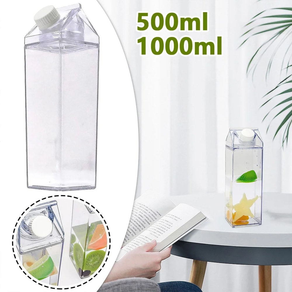 Reusable Milk Carton Water Bottle Leak Proof Clear Drink Container For Travel And Daily Use 0