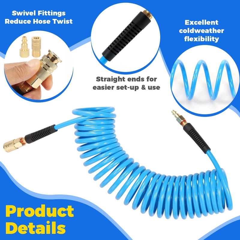 25FT Air Compressor Hose Recoil PU Air Hose With Coupler For Flexible And Tangle Free Use 1