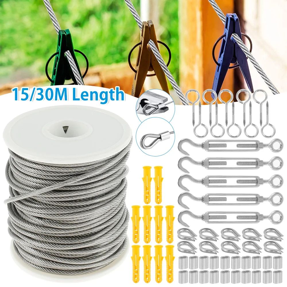 Heavy Duty PVC Coated Steel Cable Clothesline Rope With Hooks For Outdoor Use 0