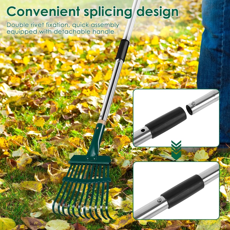 Adjustable Garden Leaf Rake With Long Handle 11 Prong Heavy Duty Yard Cleaning Tool 4