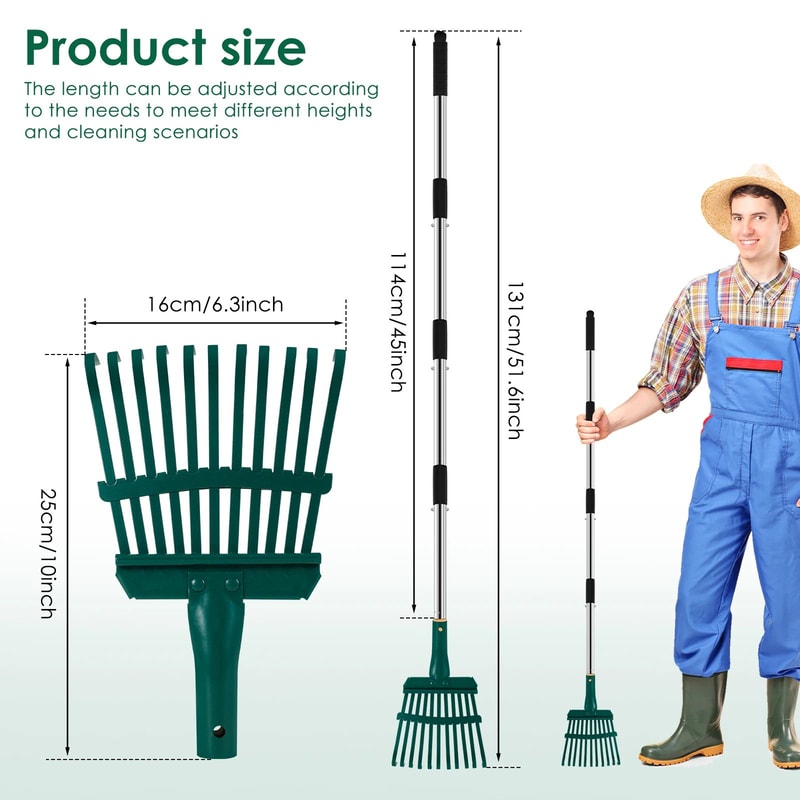 Adjustable Garden Leaf Rake With Long Handle 11 Prong Heavy Duty Yard Cleaning Tool 6
