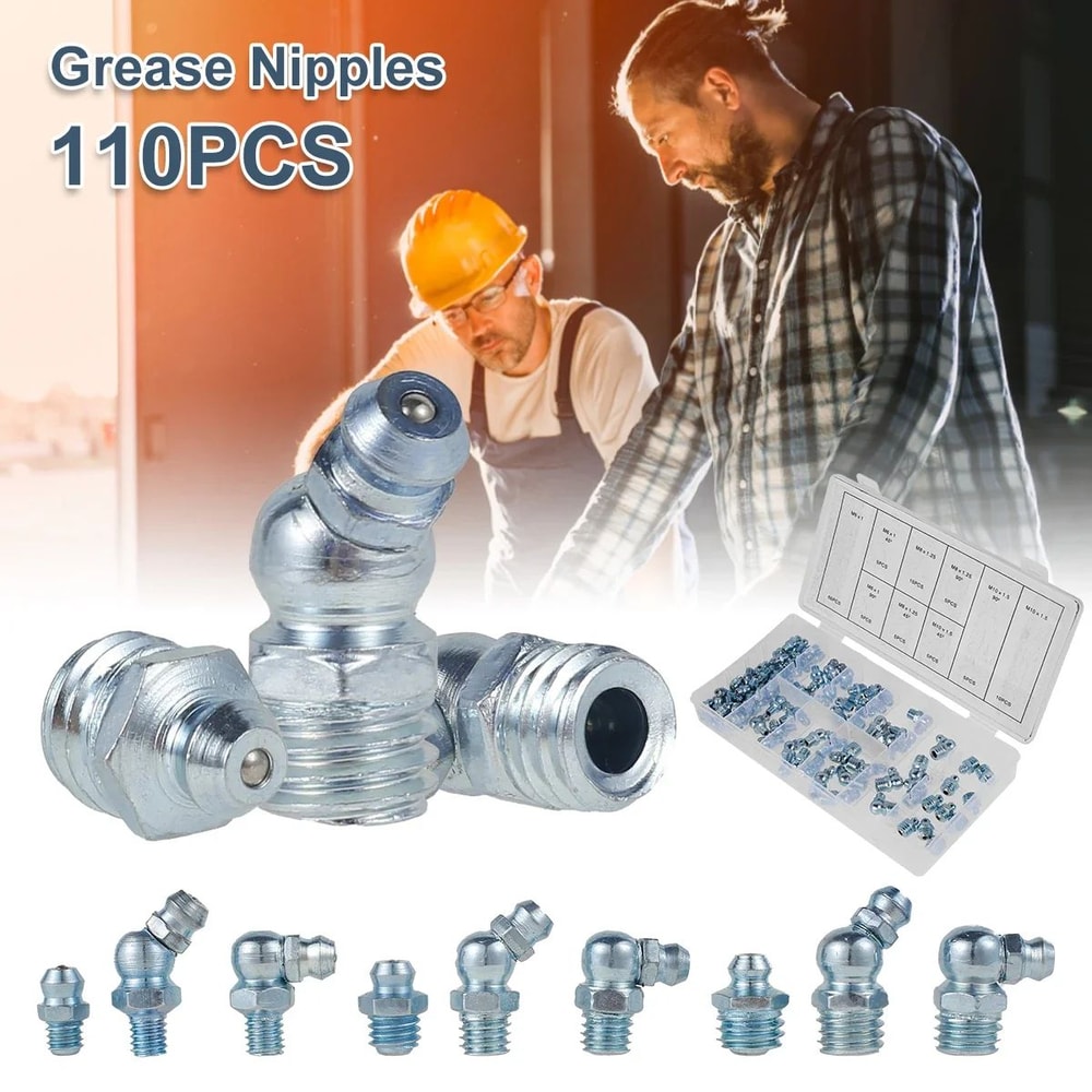 110 Piece Grease Nipple Fittings Kit Straight And Angled Zerk Fittings Set For Automotive Use 0