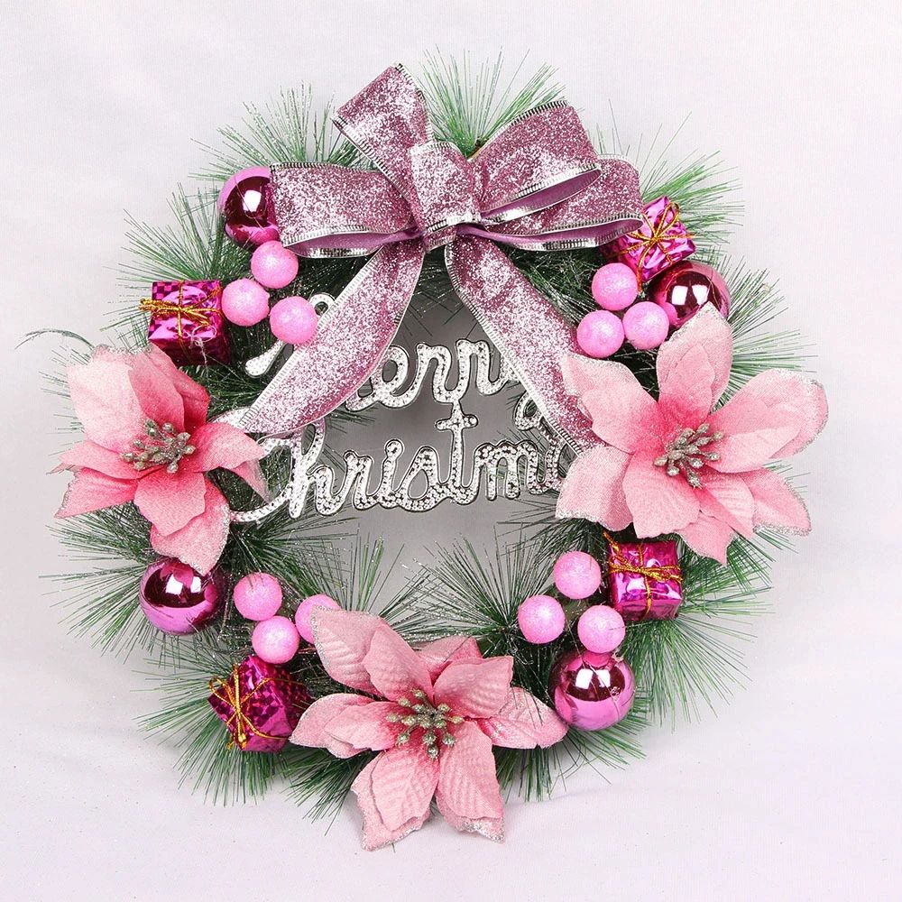 Pink Christmas Pine Wreath Door Hanging Holiday Decoration 11