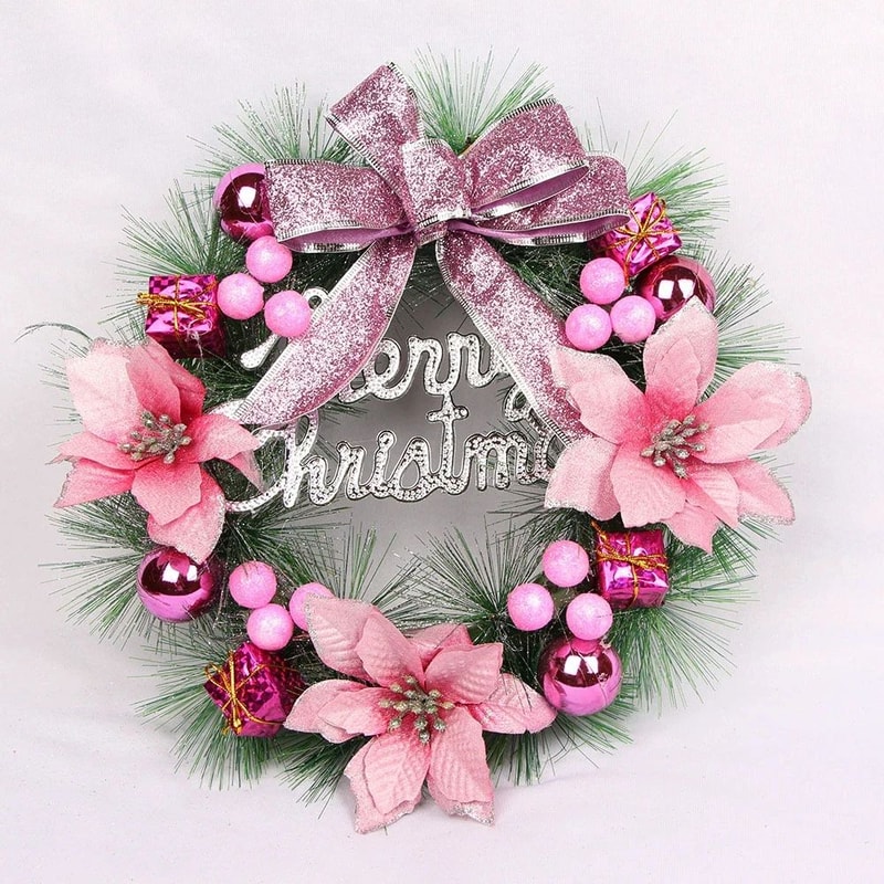 Pink Christmas Pine Wreath Door Hanging Holiday Decoration 11