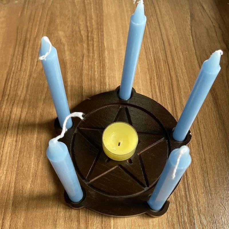 Wooden Pentagram Candle Holder Set With Ritual Plate For Altar Decor 5