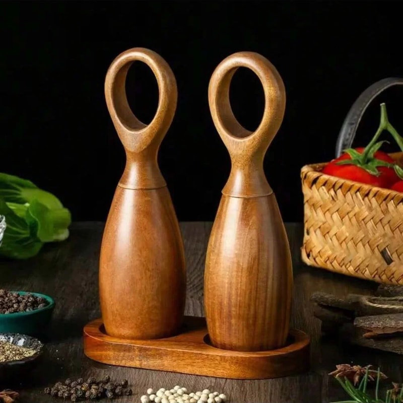 Wooden Salt And Pepper Grinder Set With Adjustable Ceramic Core And Storage Rack 0