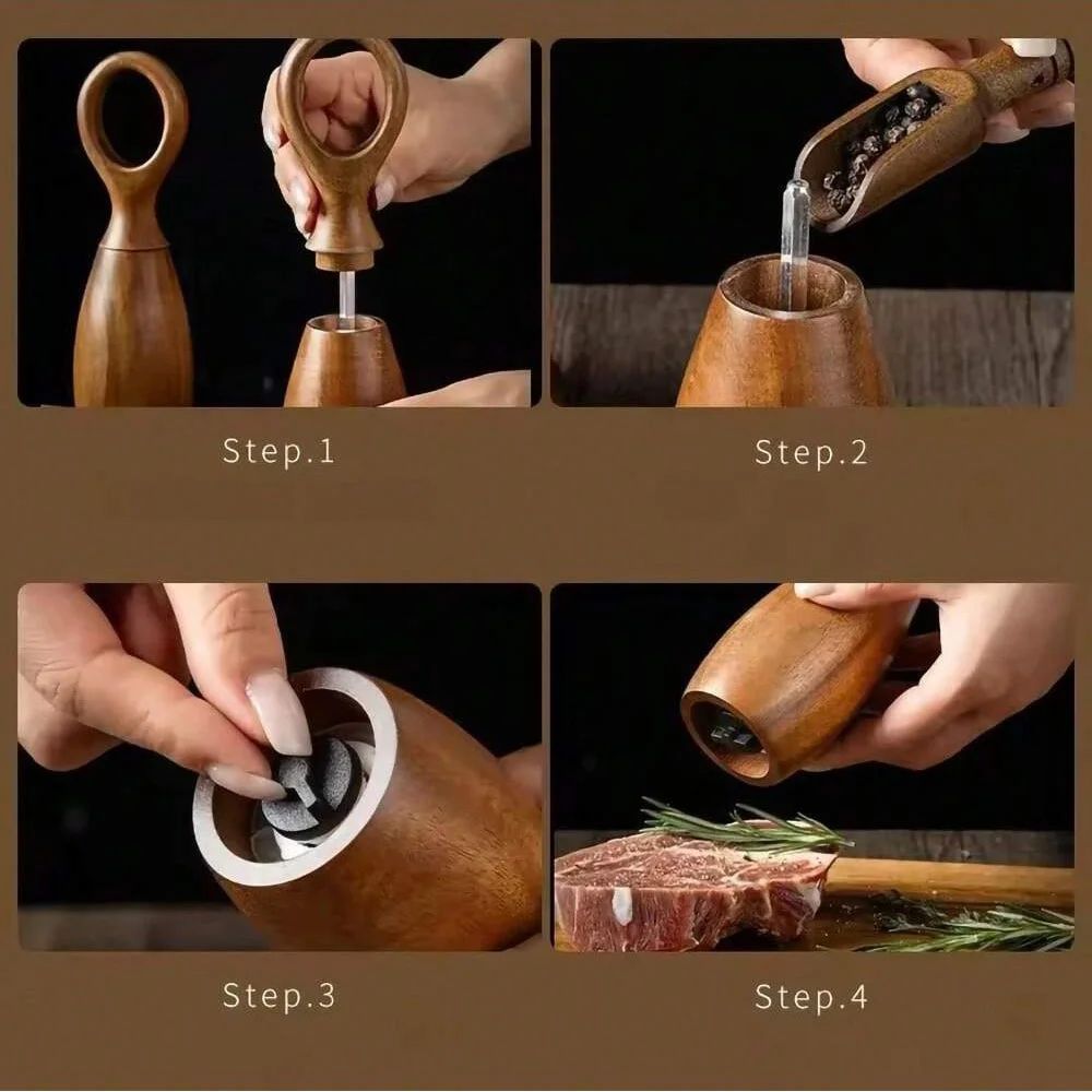 Wooden Salt And Pepper Grinder Set With Adjustable Ceramic Core And Storage Rack 3