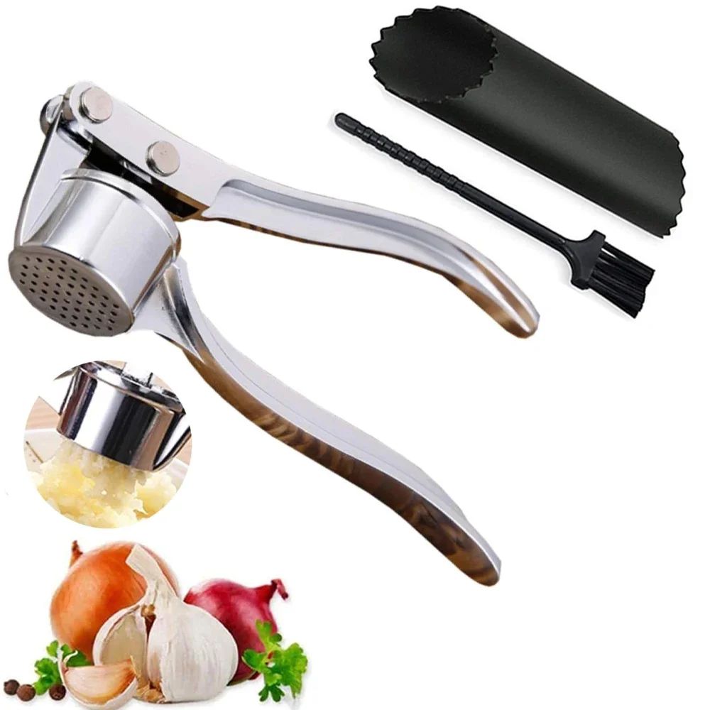 Stainless Steel Garlic Press Mincer Set With Peeler And Cleaning Brush 2
