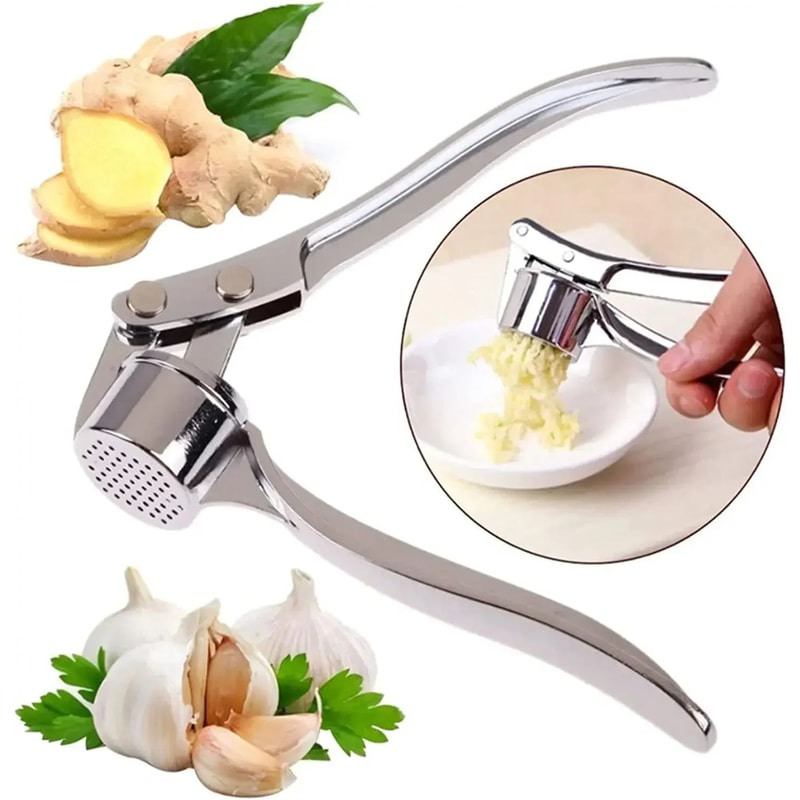 Stainless Steel Garlic Press Mincer Set With Peeler And Cleaning Brush 6