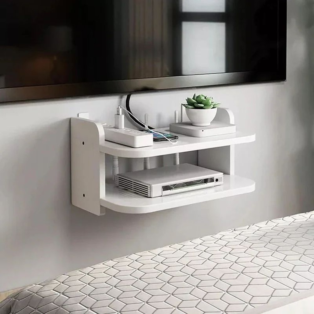 Wall Mounted Floating Shelf Router Storage Rack Two Tier Cable Organizer Shelf 3