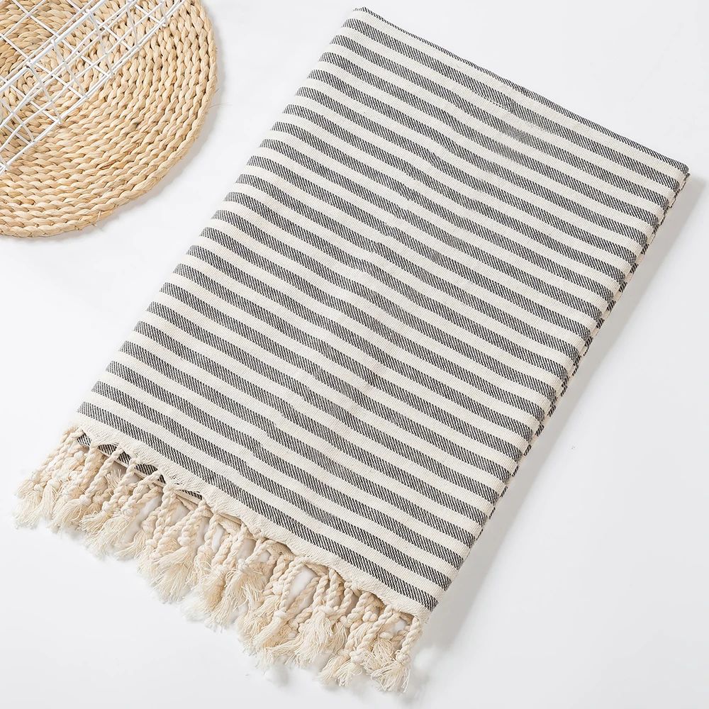 Luxury Turkish Cotton Beach Towel Oversized Striped Tassel Bath Wrap 12