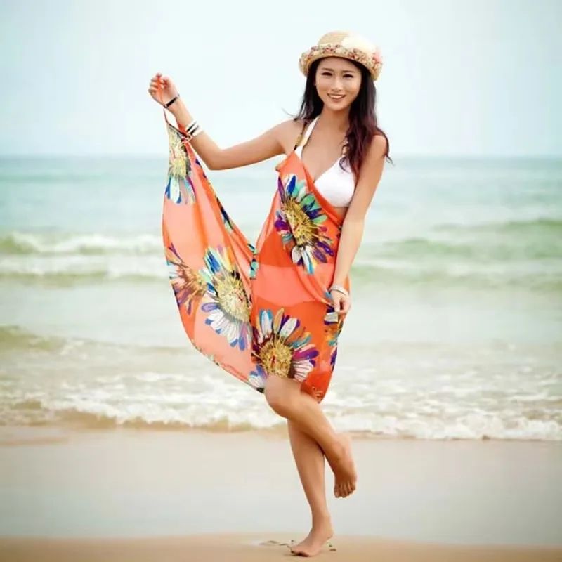 Womens Chiffon Beach Cover Up Halter Bikini Wrap Lightweight Swim Dress 5