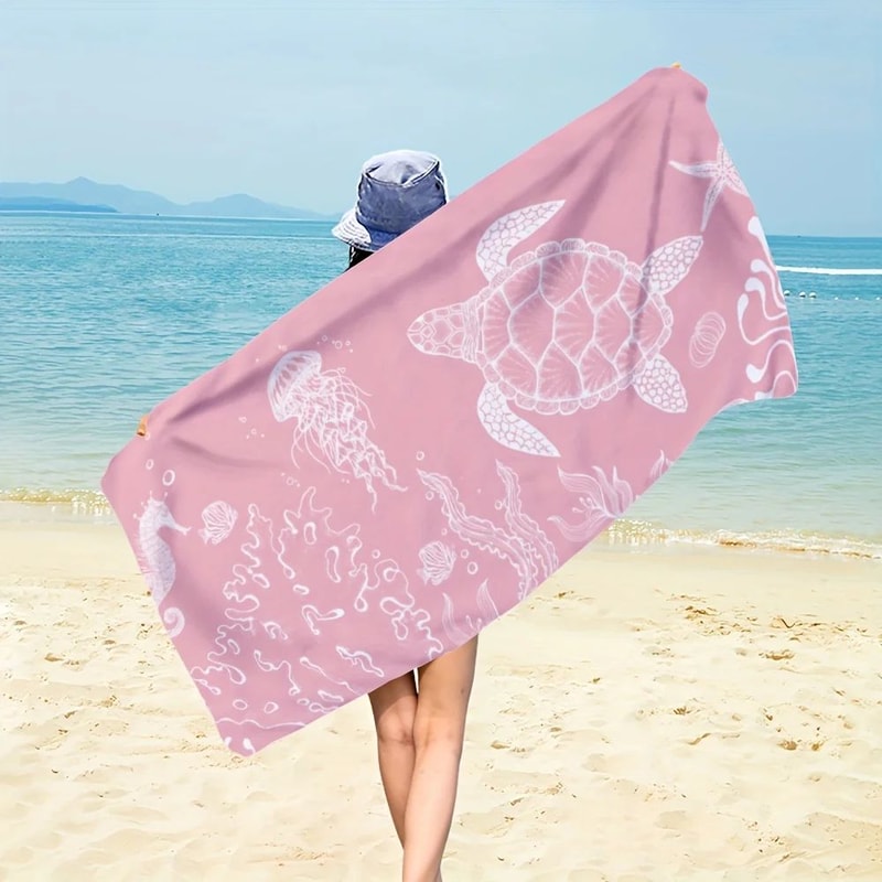 Cute Turtle Beach Towel Pink Quick Dry Lightweight Summer Travel Towel 1