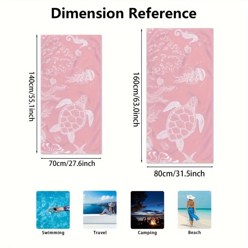 Cute Turtle Beach Towel Pink Quick Dry Lightweight Summer Travel Towel 2