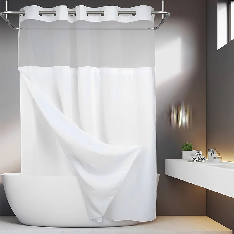 Double Layer Shower Curtain With Snap In Liner Waterproof Hookless Bathroom Curtain 0