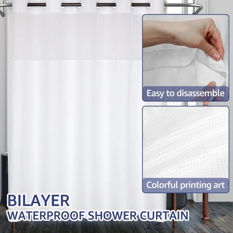 Double Layer Shower Curtain With Snap In Liner Waterproof Hookless Bathroom Curtain 3