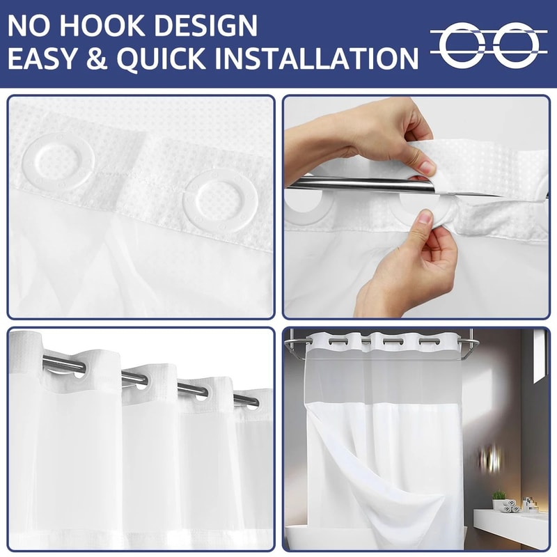 Double Layer Shower Curtain With Snap In Liner Waterproof Hookless Bathroom Curtain 4