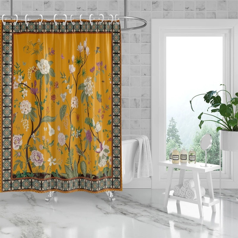 Retro Floral Shower Curtain Yellow Bathroom Curtain Waterproof Mildew Resistant 1