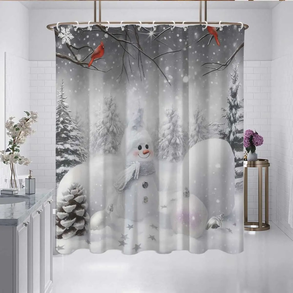 Christmas Snowman Shower Curtain Waterproof Holiday Bathroom Curtain Decor 3