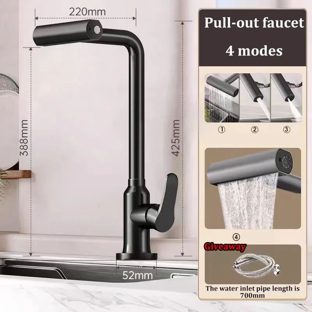 Pull Out Kitchen Faucet Stainless Steel Rotatable Sink Tap 6