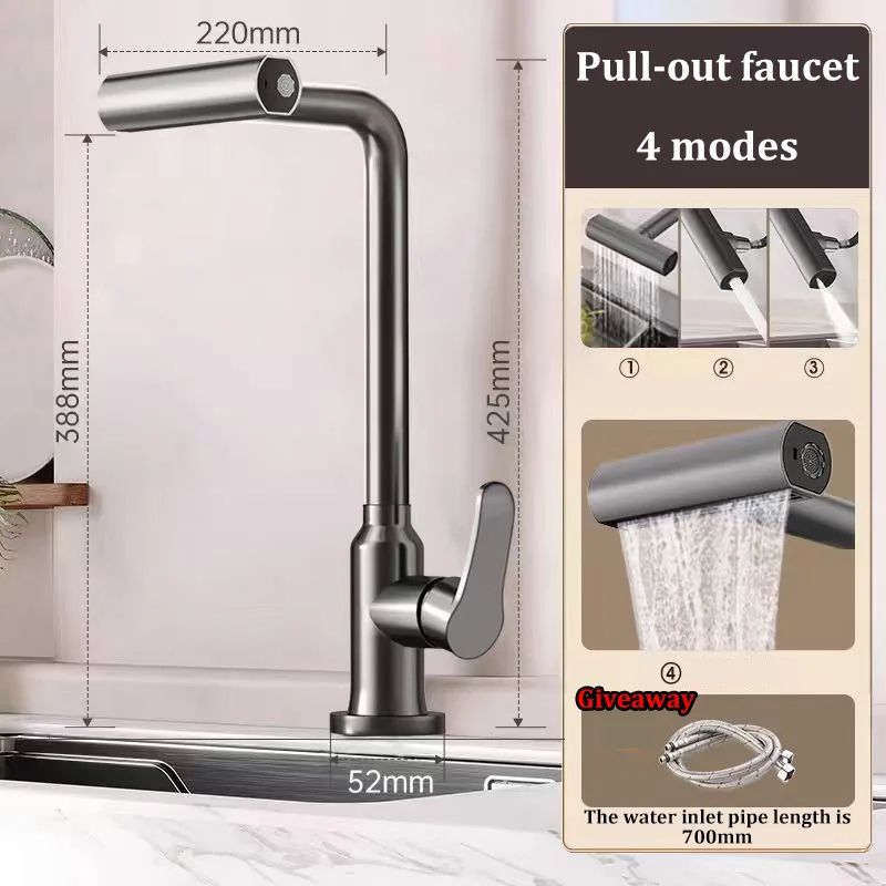 Pull Out Kitchen Faucet Stainless Steel Rotatable Sink Tap 7