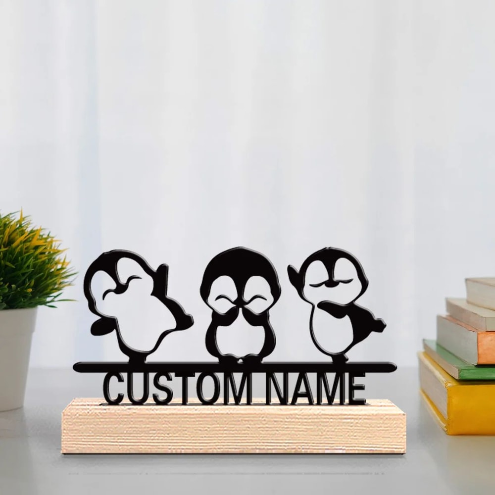 Custom Penguin Family Metal Decor With Wooden Base For Personalized Home Display 0