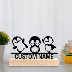 custom penguin family metal decor with wooden base for personalized home display