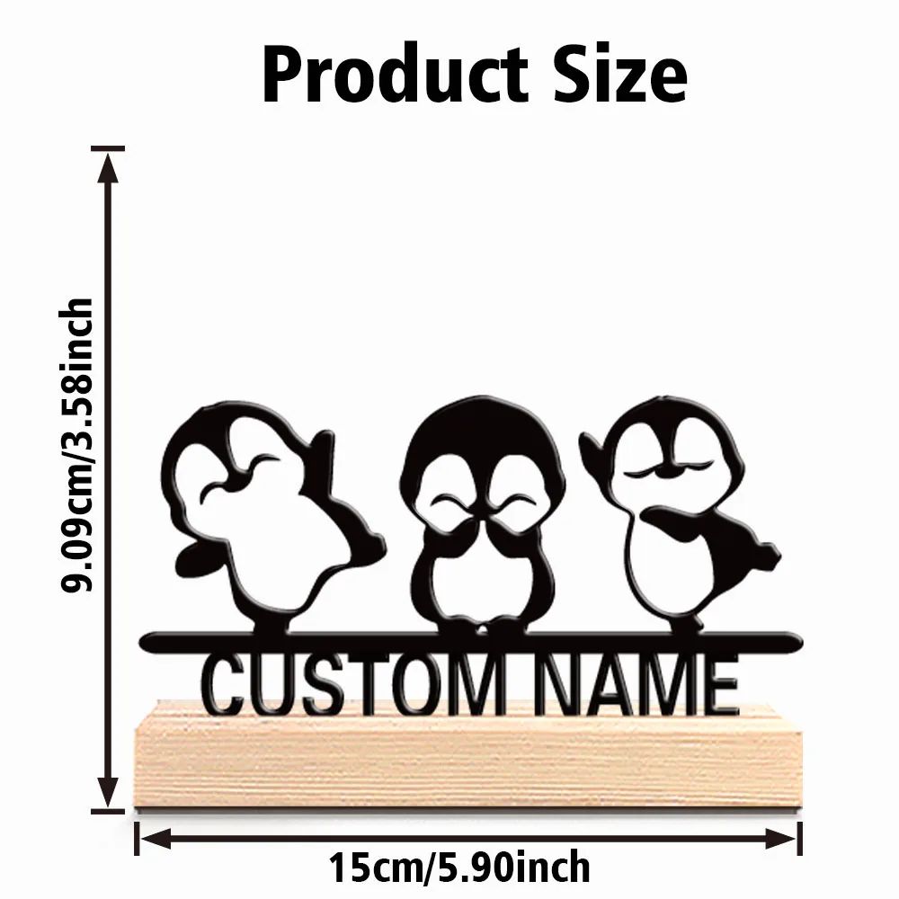Custom Penguin Family Metal Decor With Wooden Base For Personalized Home Display 6