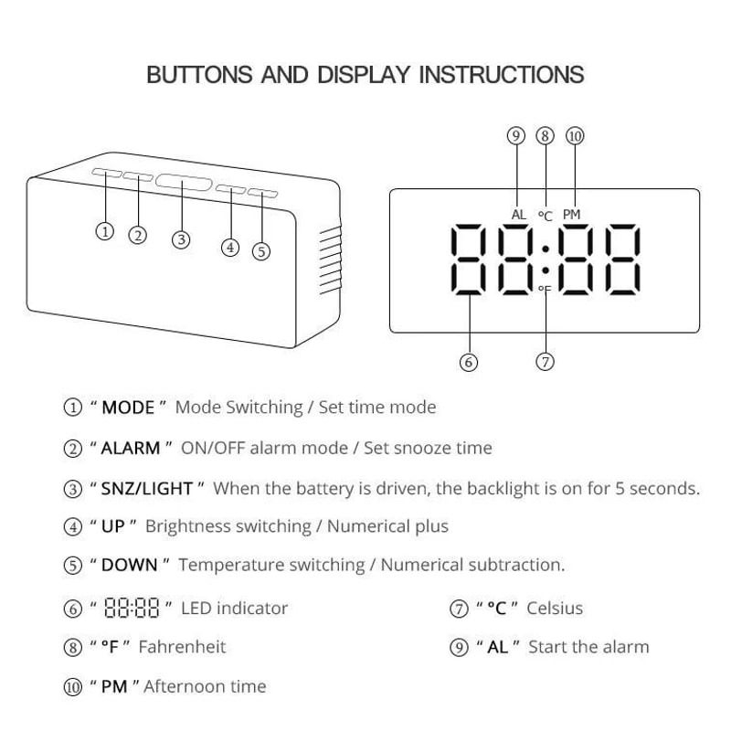LED Mirror Digital Alarm Clock USB Night Light Desk Clock 5