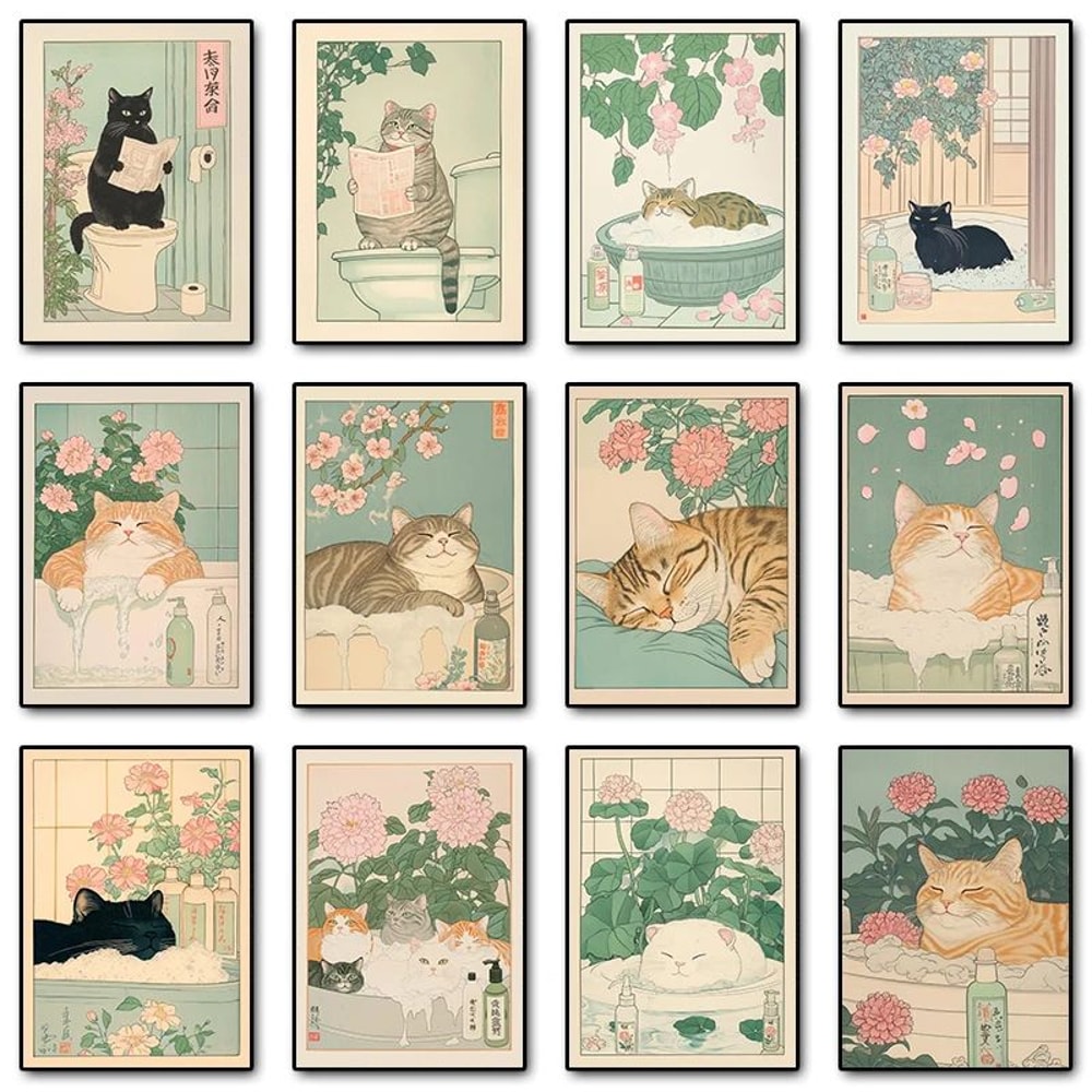 Japanese Cat Bathtub Canvas Wall Art Retro Japandi Poster 0