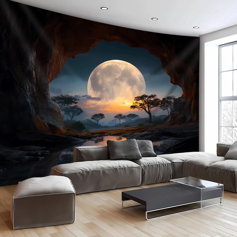 Tranquil Moon Forest Cave Tapestry Aesthetic Wall Hanging Nature Decor 3