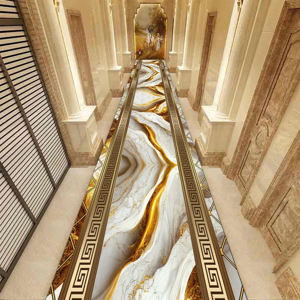 Golden Marble Hallway Runner Rug Luxury Non Slip Carpet For Modern Home Decor 10