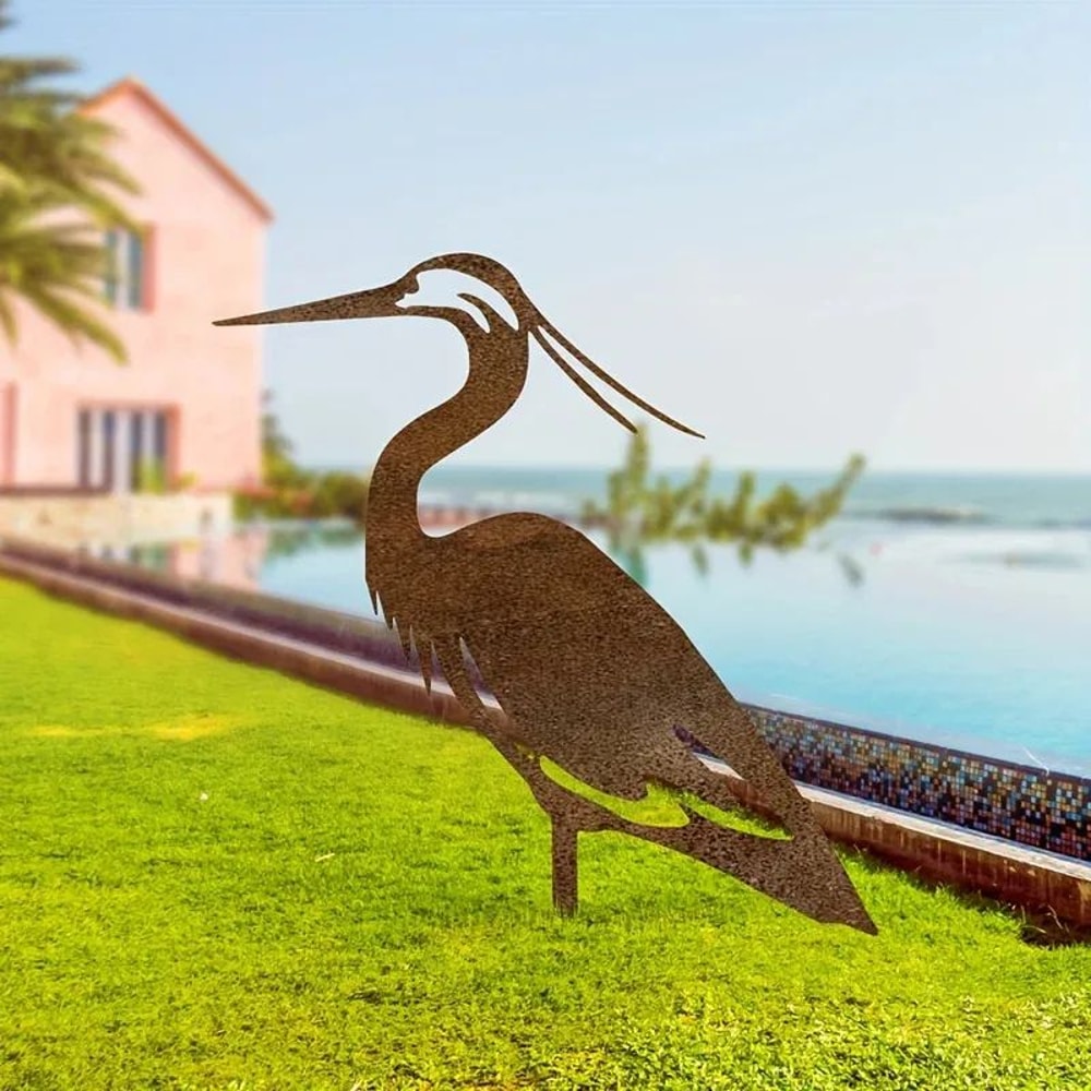 Rusted Metal Crane Garden Statue Outdoor Heron Bird Sculpture For Lawn Decor 0