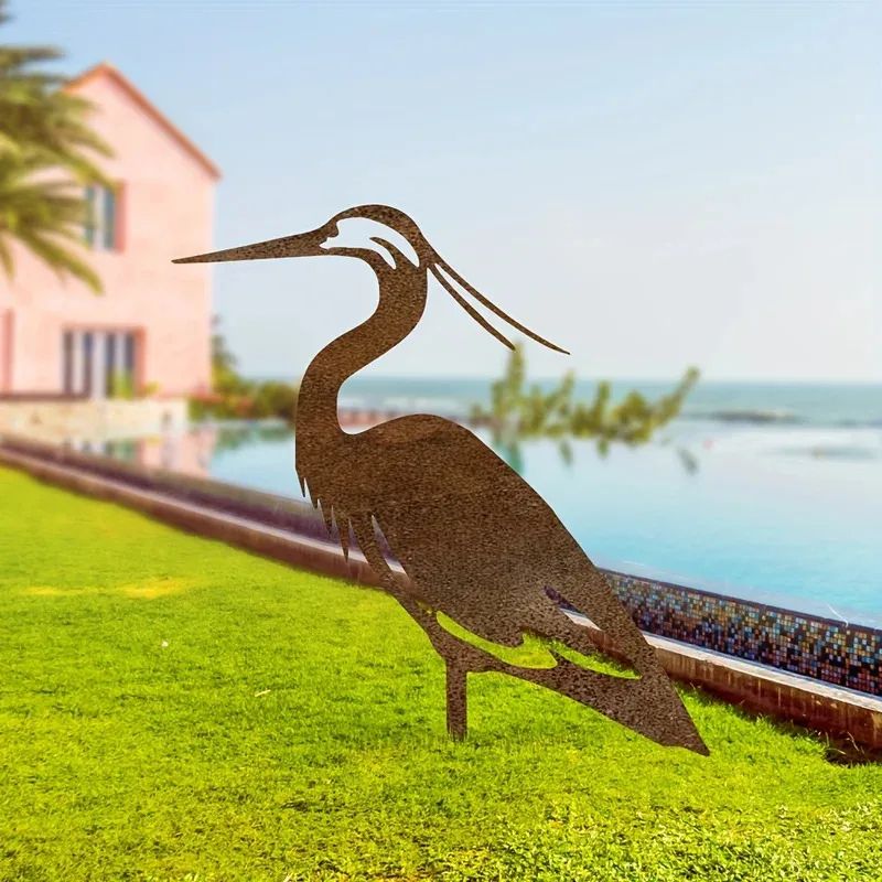 Rusted Metal Crane Garden Statue Outdoor Heron Bird Sculpture For Lawn Decor 0